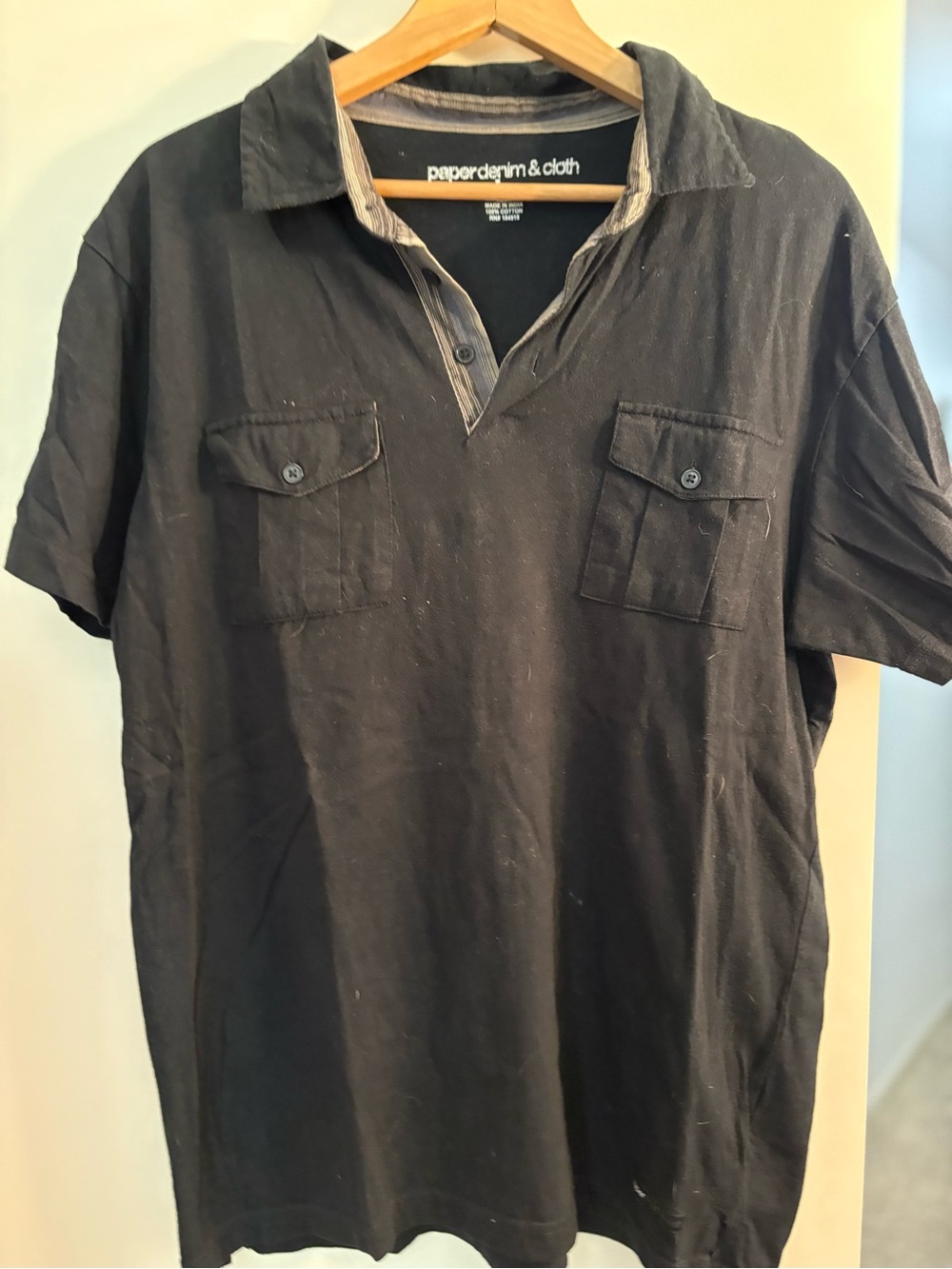 Paper Denim & Cloth Black Short-Sleeve Polo with Dual Chest Pockets